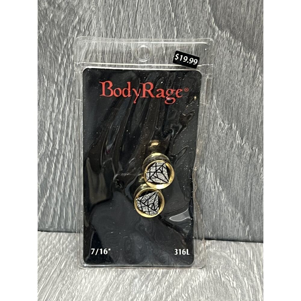 BodyRage Ear Plugs 316L Steel 7/16" Gold‎ Diamond Design